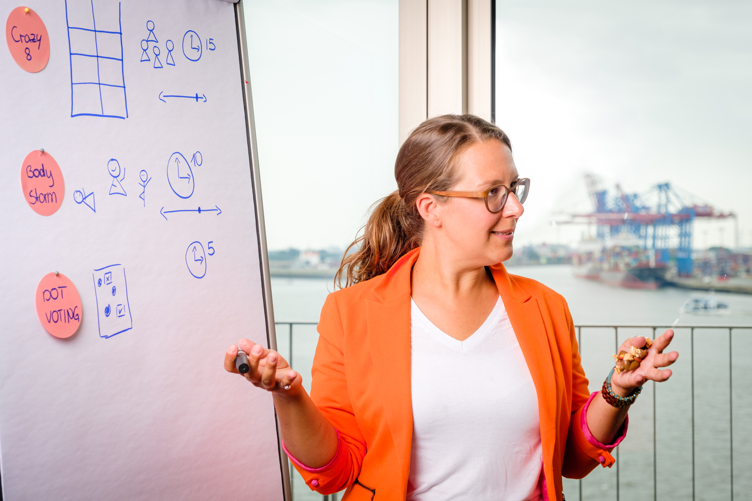 Design Thinking Workshops mit Ulrike am Whiteboard